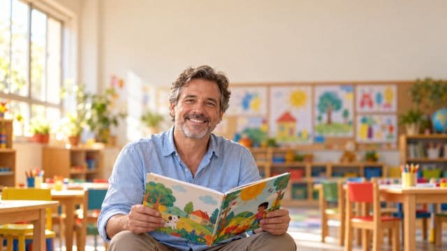 Professor de educação infantil sorrindo, com camisa casual azul-clara, segurando um livro infantil colorido sem título, em uma sala de aula infantil alegre, com mesinhas e desenhos nas paredes