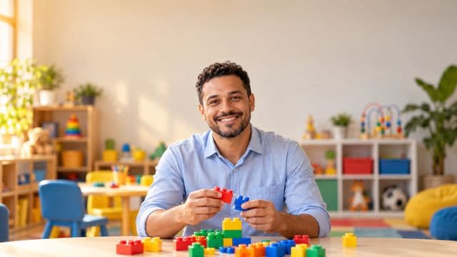 Psicopedagogo sorrindo, com camisa azul-clara, segurando blocos de montar coloridos, em uma sala de atendimento infantil colorida e organizada, com brinquedos pedagógicos