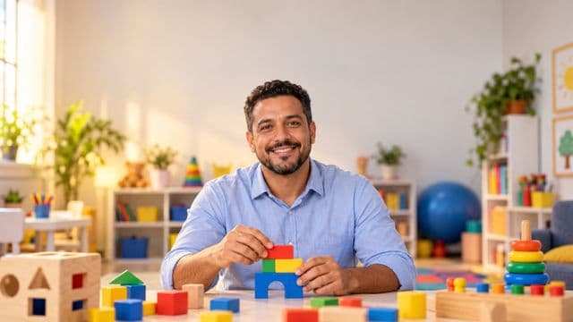 Psicopedagogo sorrindo, com camisa azul-clara, segurando blocos de montar coloridos, em uma sala de atendimento infantil colorida e organizada, com brinquedos pedagógicos