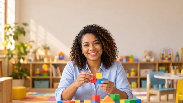 Psicopedagoga sorrindo, com camisa azul-clara, segurando blocos de montar coloridos, em uma sala de atendimento infantil colorida e organizada, com brinquedos pedagógicos
