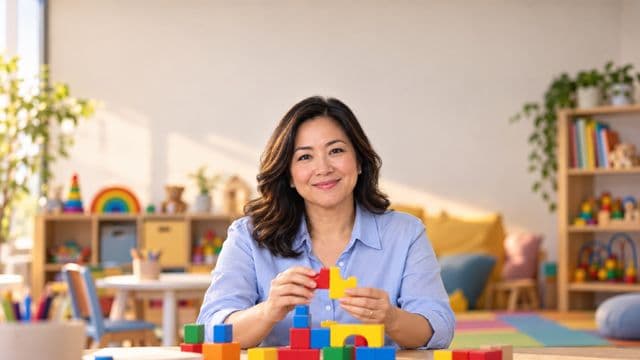 Psicopedagoga sorrindo, com camisa azul-clara, segurando blocos de montar coloridos, em uma sala de atendimento infantil colorida e organizada, com brinquedos pedagógicos