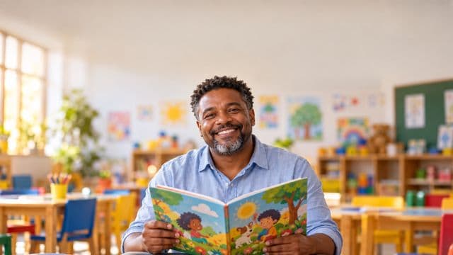 Professor de educação infantil sorrindo, com camisa casual azul-clara, segurando um livro infantil colorido sem título, em uma sala de aula infantil alegre, com mesinhas e desenhos nas paredes