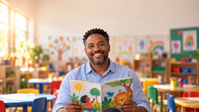 Professor de educação infantil sorrindo, com camisa casual azul-clara, segurando um livro infantil colorido sem título, em uma sala de aula infantil alegre, com mesinhas e desenhos nas paredes