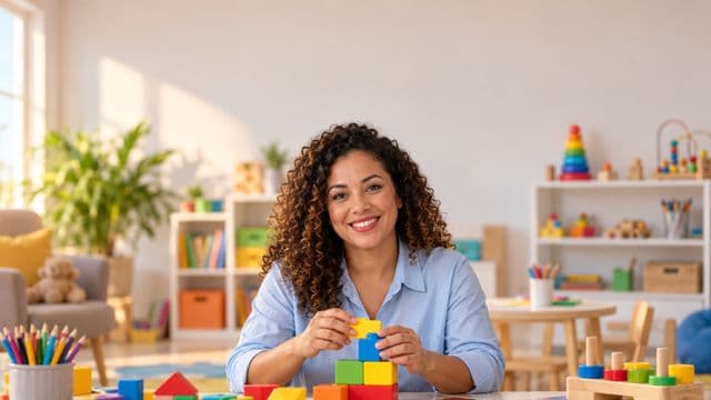 Psicopedagoga sorrindo, com camisa azul-clara, segurando blocos de montar coloridos, em uma sala de atendimento infantil colorida e organizada, com brinquedos pedagógicos