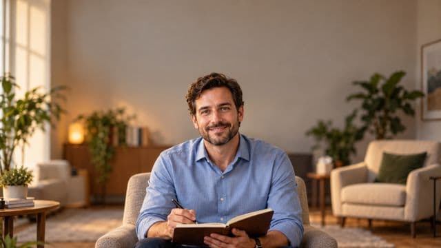 Psicólogo sorrindo, com camisa social azul, sem gravata, segurando um caderno de anotações, em um consultório de psicologia aconchegante com poltronas e plantas