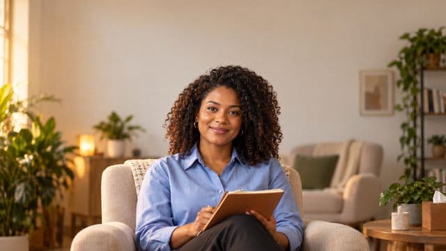 Psicóloga sorrindo, com camisa social azul, sem gravata, segurando um caderno de anotações, em um consultório de psicologia aconchegante com poltronas e plantas