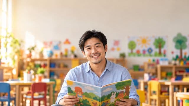 Professor de educação infantil sorrindo, com camisa casual azul-clara, segurando um livro infantil colorido sem título, em uma sala de aula infantil alegre, com mesinhas e desenhos nas paredes
