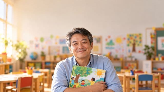 Professor de educação infantil sorrindo, com camisa casual azul-clara, segurando um livro infantil colorido sem título, em uma sala de aula infantil alegre, com mesinhas e desenhos nas paredes