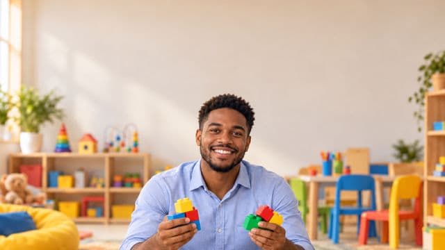 Psicopedagogo sorrindo, com camisa azul-clara, segurando blocos de montar coloridos, em uma sala de atendimento infantil colorida e organizada, com brinquedos pedagógicos