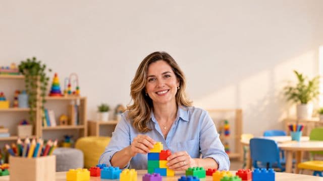 Psicopedagoga sorrindo, com camisa azul-clara, segurando blocos de montar coloridos, em uma sala de atendimento infantil colorida e organizada, com brinquedos pedagógicos