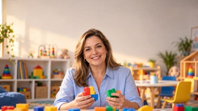 Psicopedagoga sorrindo, com camisa azul-clara, segurando blocos de montar coloridos, em uma sala de atendimento infantil colorida e organizada, com brinquedos pedagógicos