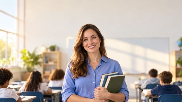 Professora sorrindo, com camisa social azul, segurando livros de capa lisa, em uma sala de aula moderna e clara com alunos desfocados