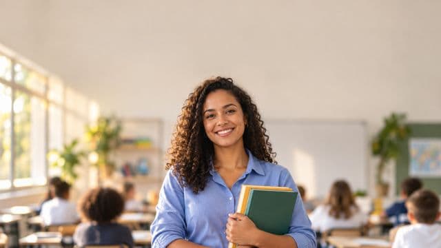 Professora sorrindo, com camisa social azul, segurando livros de capa lisa, em uma sala de aula moderna e clara com alunos desfocados