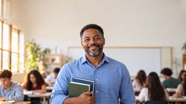 Professor sorrindo, com camisa social azul, segurando livros de capa lisa, em uma sala de aula moderna e clara com alunos desfocados