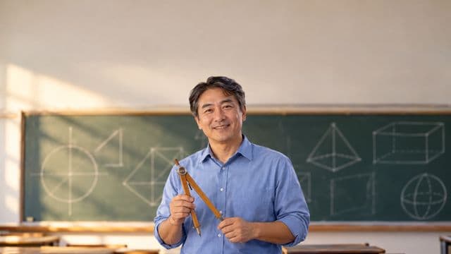 Professor de exatas sorrindo, com camisa social azul, segurando um compasso de madeira, em uma sala de aula com lousa coberta de formas geométricas