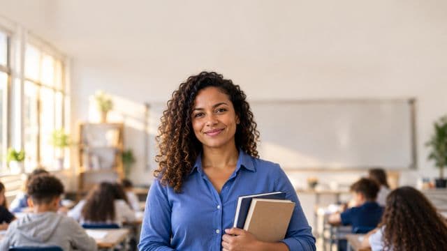 Professora sorrindo, com camisa social azul, segurando livros de capa lisa, em uma sala de aula moderna e clara com alunos desfocados
