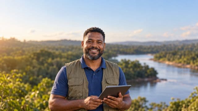 Gestor ambiental sorrindo, com camisa polo azul e colete de campo, segurando um tablet, em uma área de preservação com mata e um rio