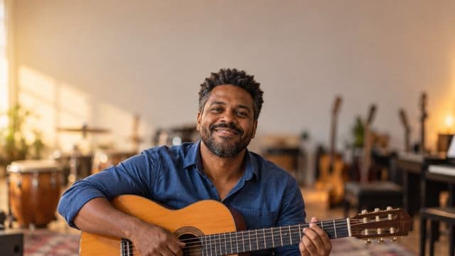 Professor de música sorrindo, com camisa casual azul, segurando um violão, em uma sala de música com instrumentos