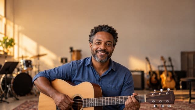 Professor de música sorrindo, com camisa casual azul, segurando um violão, em uma sala de música com instrumentos