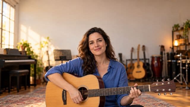 Professora de música sorrindo, com camisa casual azul, segurando um violão, em uma sala de música com instrumentos