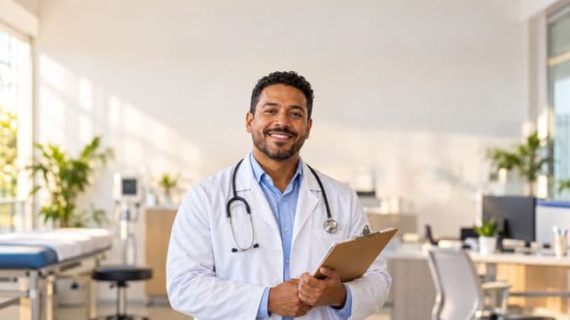 Profissional de saúde sorrindo, com jaleco branco sobre camisa azul-clara, segurando uma prancheta, em uma clínica moderna e bem iluminada