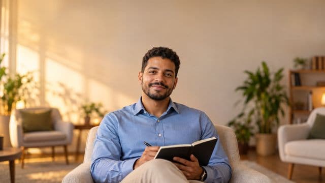 Psicólogo sorrindo, com camisa social azul, sem gravata, segurando um caderno de anotações, em um consultório de psicologia aconchegante com poltronas e plantas