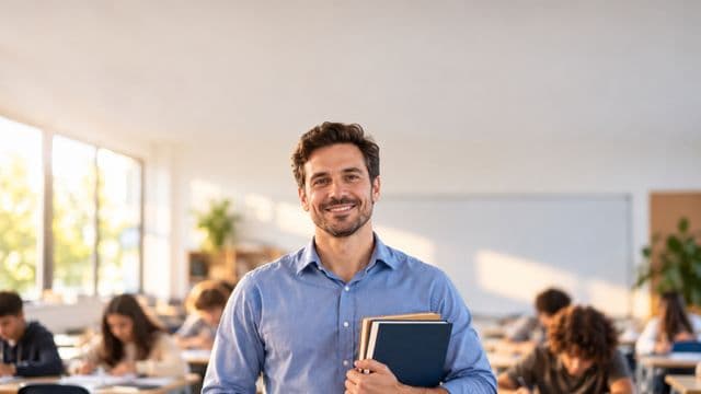 Professor sorrindo, com camisa social azul, segurando livros de capa lisa, em uma sala de aula moderna e clara com alunos desfocados