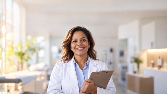 Profissional de saúde sorrindo, com jaleco branco sobre camisa azul-clara, segurando uma prancheta, em uma clínica moderna e bem iluminada