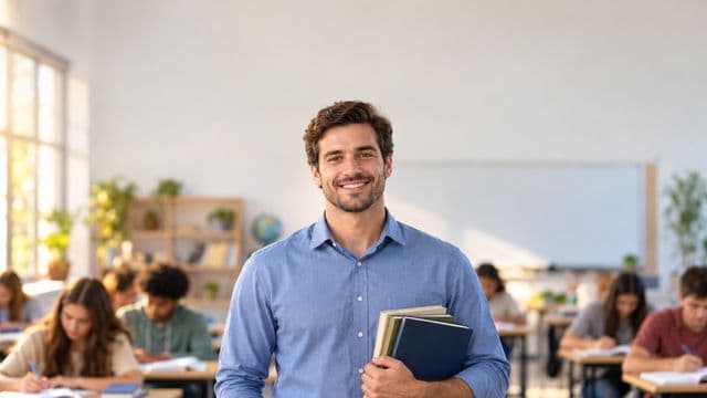 Professor sorrindo, com camisa social azul, segurando livros de capa lisa, em uma sala de aula moderna e clara com alunos desfocados