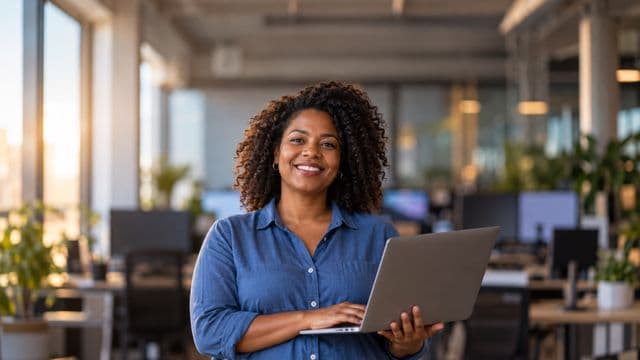 Desenvolvedora de software sorrindo, com camisa casual azul, segurando um notebook aberto, em um escritório de tecnologia moderno com monitores desfocados