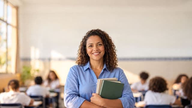 Professora sorrindo, com camisa social azul, segurando livros de capa lisa, em uma sala de aula moderna e clara com alunos desfocados