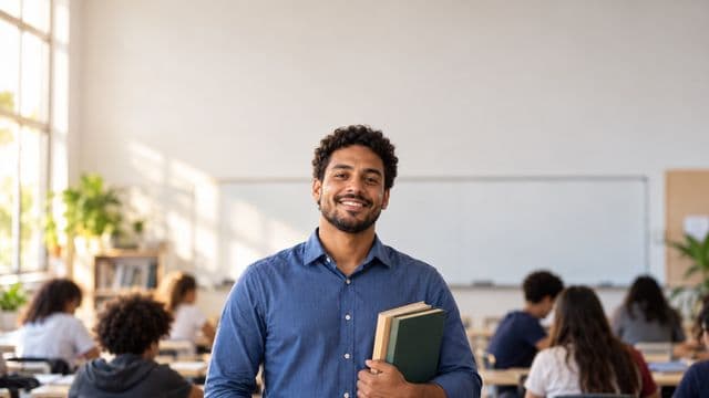 Professor sorrindo, com camisa social azul, segurando livros de capa lisa, em uma sala de aula moderna e clara com alunos desfocados