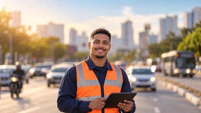 Agente de trânsito sorrindo, com colete refletivo laranja sobre uniforme azul, segurando um tablet, em uma avenida urbana movimentada