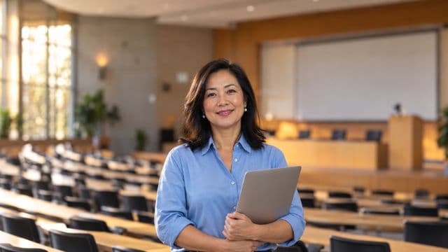 Professora universitária sorrindo, com camisa social azul, segurando um notebook, em um auditório universitário moderno