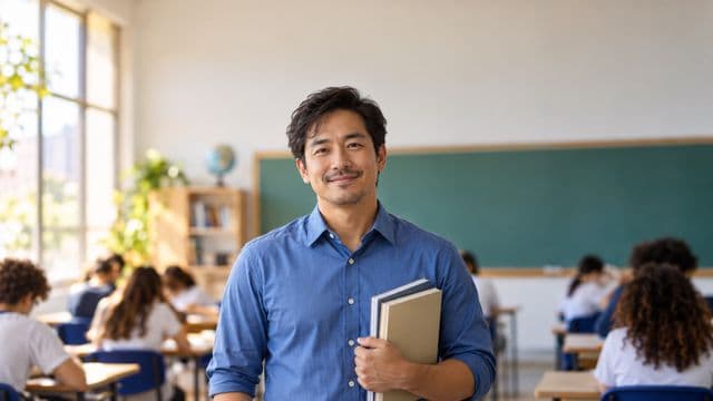 Professor sorrindo, com camisa social azul, segurando livros de capa lisa, em uma sala de aula moderna e clara com alunos desfocados