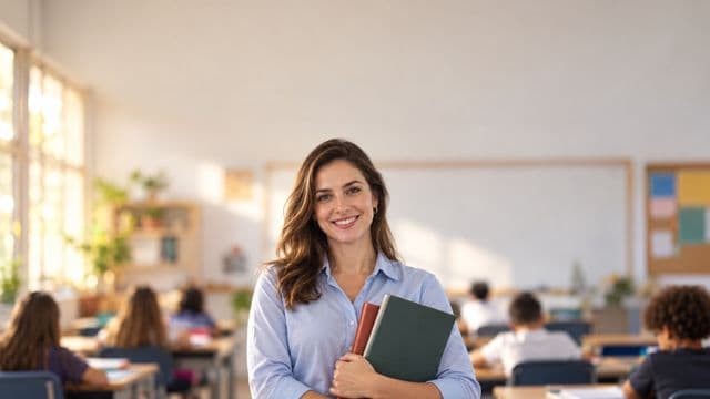 Professora sorrindo, com camisa social azul, segurando livros de capa lisa, em uma sala de aula moderna e clara com alunos desfocados
