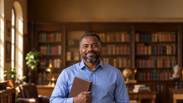 Teólogo sorrindo, com camisa social azul, segurando um livro de capa lisa, em uma biblioteca antiga com estantes de madeira