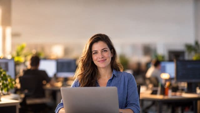 Desenvolvedora de software sorrindo, com camisa casual azul, segurando um notebook aberto, em um escritório de tecnologia moderno com monitores desfocados