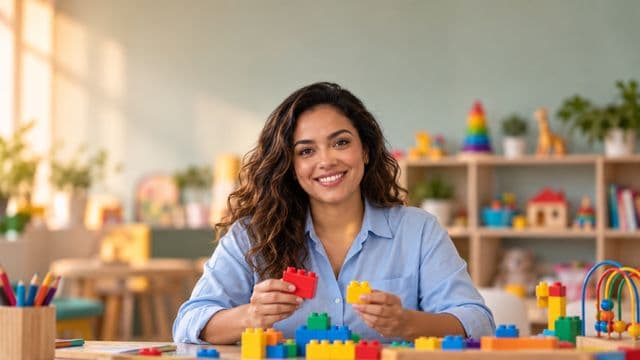 Psicopedagoga sorrindo, com camisa azul-clara, segurando blocos de montar coloridos, em uma sala de atendimento infantil colorida e organizada, com brinquedos pedagógicos
