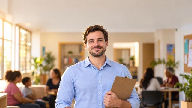 Assistente social sorrindo, com camisa azul-clara, segurando uma prancheta, em um centro de assistência social claro e acolhedor