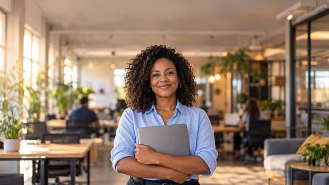 Empreendedora sorrindo, com camisa social azul com as mangas dobradas, segurando um notebook, em um espaço de coworking moderno e iluminado