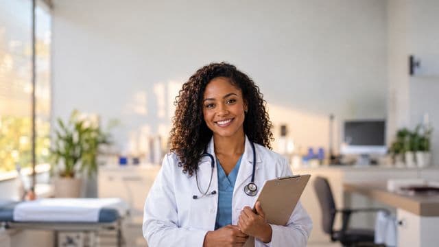Médica sorrindo, com jaleco branco e estetoscópio, segurando uma prancheta, em um consultório médico moderno e bem iluminado