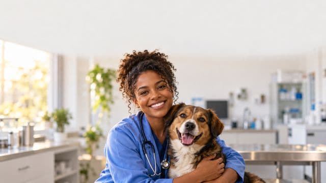 Médica veterinária sorrindo, com jaleco azul e estetoscópio, segurando com carinho um cachorro de porte médio, em uma clínica veterinária moderna e clara