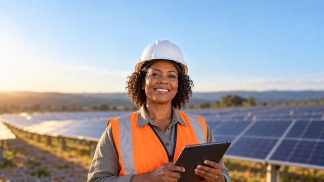 Engenheira eletricista sorrindo, com capacete branco e colete laranja, segurando um tablet, em uma usina de painéis solares sob céu claro