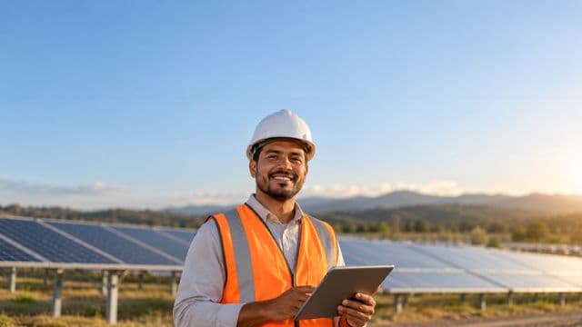 Engenheiro eletricista sorrindo, com capacete branco e colete laranja, segurando um tablet, em uma usina de painéis solares sob céu claro