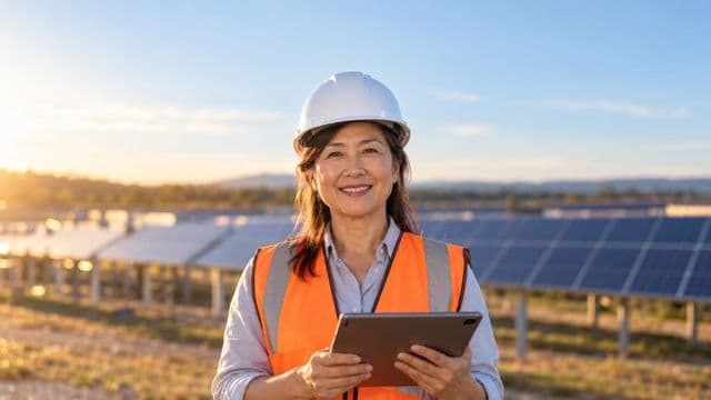 Engenheira eletricista sorrindo, com capacete branco e colete laranja, segurando um tablet, em uma usina de painéis solares sob céu claro