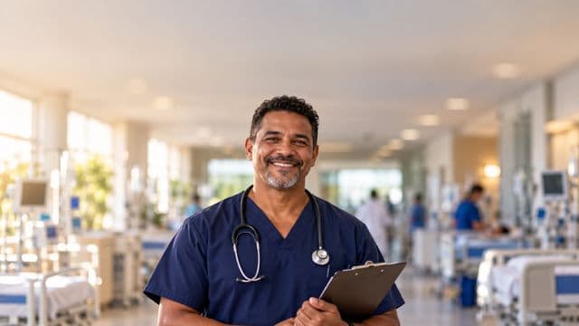 Enfermeiro sorrindo, com uniforme hospitalar azul-marinho e estetoscópio no pescoço, segurando uma prancheta, em o corredor de um hospital moderno e bem iluminado, com leitos e equipamentos