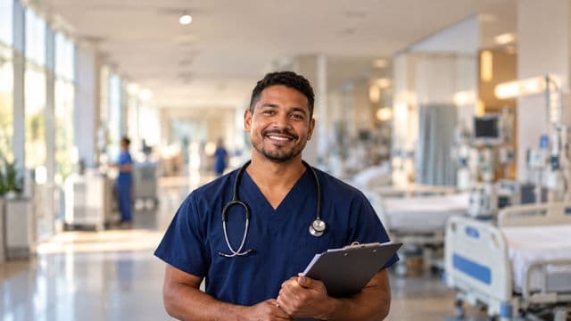 Enfermeiro sorrindo, com uniforme hospitalar azul-marinho e estetoscópio no pescoço, segurando uma prancheta, em o corredor de um hospital moderno e bem iluminado, com leitos e equipamentos
