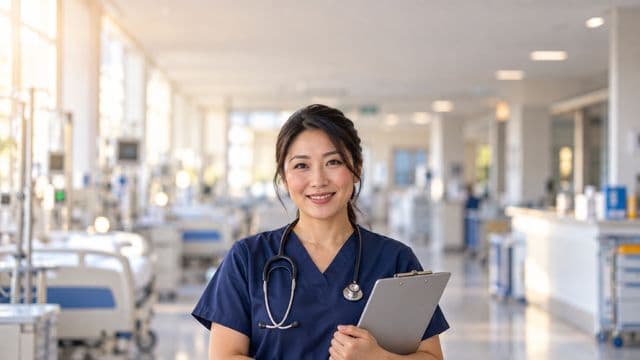 Enfermeira sorrindo, com uniforme hospitalar azul-marinho e estetoscópio no pescoço, segurando uma prancheta, em o corredor de um hospital moderno e bem iluminado, com leitos e equipamentos