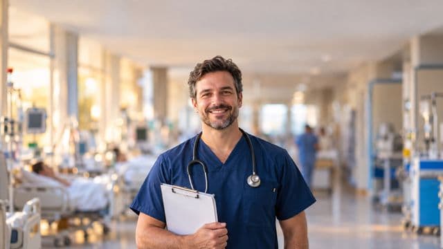Enfermeiro sorrindo, com uniforme hospitalar azul-marinho e estetoscópio no pescoço, segurando uma prancheta, em o corredor de um hospital moderno e bem iluminado, com leitos e equipamentos